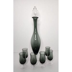 Vtg Footed Decanter Black Clear Gray Glass Cordial 7 PC‎ Italy Vintage MCM